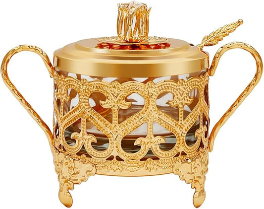 Flylin Sugar Bowl, Turkish Sugar Bowl Sugar with Sugar Spoon and Lid Dual Holder Bowl Condiment Pot Spice Glass Jar Coffee Bar Accessories Sugar Container for Home and Kitchen