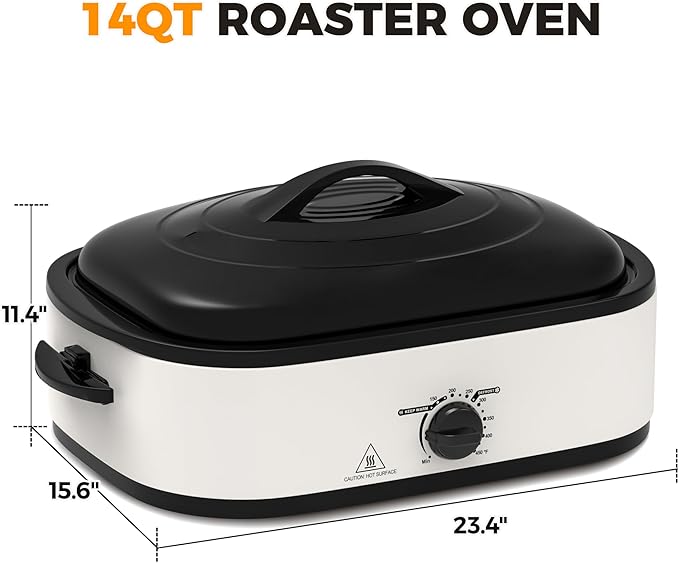 14 Quart Electric Roaster Oven, Turkey Roaster Oven with Self-Basting Lid, Stainless Steel Roaster Pan, White