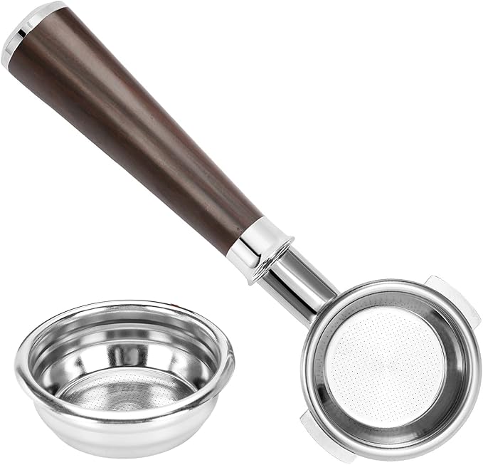 58mm Bottomless Nakeds Portafilter with Premium Ebony Wood Handle - Stainless Steel, Includes 18g Precision Basket for E61 Group-Head Espresso Machines