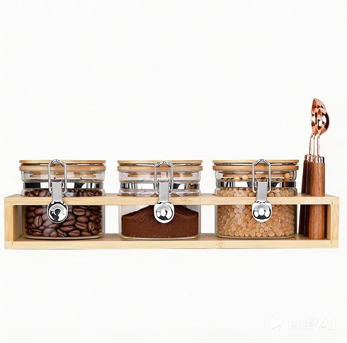 Glass Coffee Canister Set of 3 with Spoons & Airtight Bamboo Lids, 15oz - Modern Coffee Bar Accessories for Ground Coffee & Sugar, Ideal Coffee Station Organizer Jars for Countertop