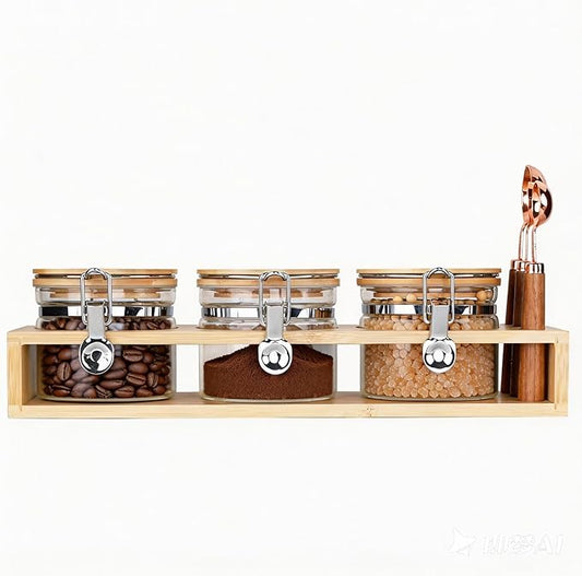 Glass Coffee Canister Set of 3 with Spoons & Airtight Bamboo Lids, 15oz - Modern Coffee Bar Accessories for Ground Coffee & Sugar, Ideal Coffee Station Organizer Jars for Countertop