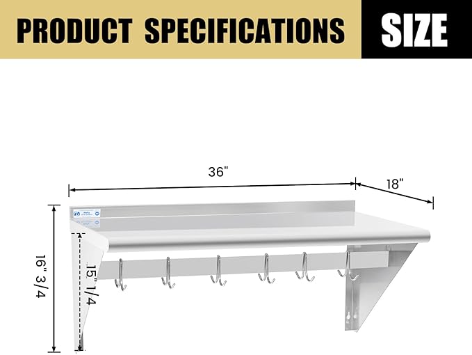Hally Stainless Steel Shelf with 6 Hooks 18" x 36" Wall Mounted Pot Rack 350lb, NSF Commercial Floating Shelving for Storage Hanging Pots, Pans, cookware in Restaurant, Kitchen, Home and Hotel