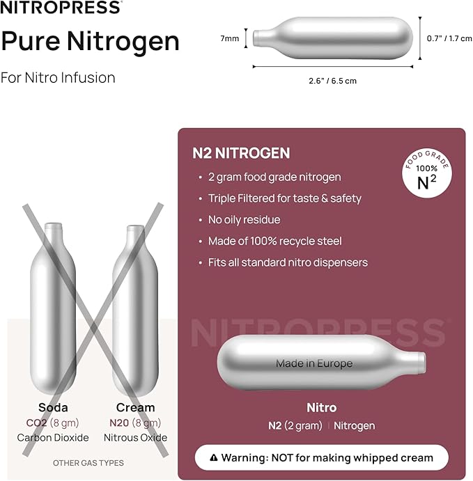 NitroPress Pure N₂ Nitrogen Cartridges - (NOT FOR WHIPPED CREAM) 10, 20, 30, 40, 360 Food-Grade Nitrogen Chargers for Nitro Cold Brew Coffee, Cocktails, Tea, Matcha | Use with Original NitroPress