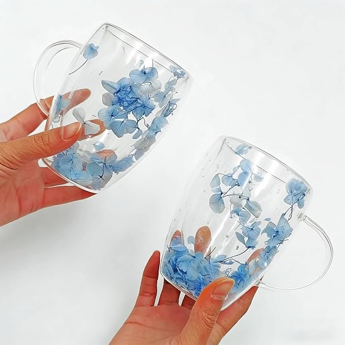 Viovian 13oz Double Wall Glass Coffee Mugs Set of 2 Insulated Glass Coffee Cups with Handles,Clear Dried Flower Tea Mug for Hot Beverages,Tea Cup Women Birthday Gifts