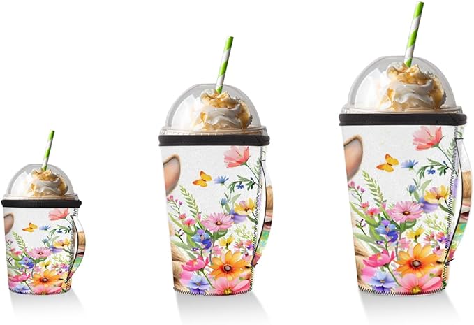 Flowers with Rabbit Reusable Coffee Sleeves Iced Coffee Cozy Insulator, Neoprene Holder with Handle for Cold Coffee or Ice Drink, Small 16-18oz