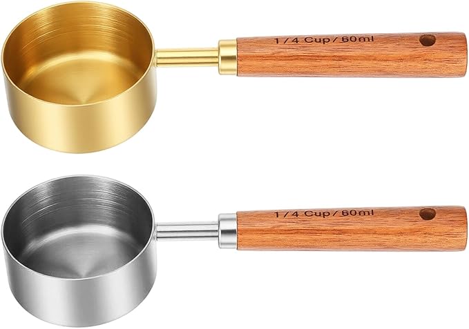 2 PCS Stainless Steel 1/4 Cup Scoop with Wooden Handle, Measuring Cups Metal Measuring Spoons and Cups 60 ML Dog Food Measurings Cup for Coffee, Kitchen, Cooking & Baking, Gold and Silver