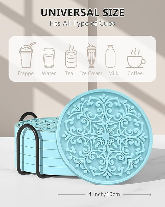 Drink Coasters, Coasters Set of 6 for Cup with Holder, Non-Slip Silicone Cup Mats for Hot and Cold Drinks, Cute Absorbent Coffee Bar Accessories Table Decor, Blue
