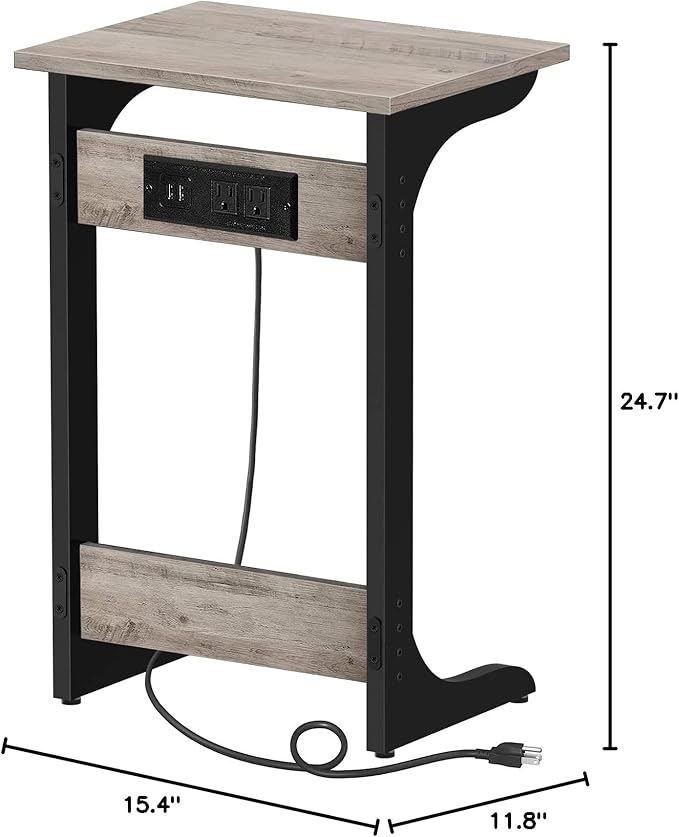 TUTOTAK C Shaped End Table with Charging Station, Side Table, Couch Table for Small Spaces, Tv Tray Table with 2 USB Ports and Outlets, Living Room, Bedroom TB01BG044