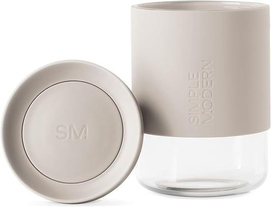 Simple Modern Clarity Cup | Glass Coffee Tumbler with 360° Lid and Silicone Sleeve | Iced Cold Brew and Tea Travel Mug | 12oz, Almond Birch