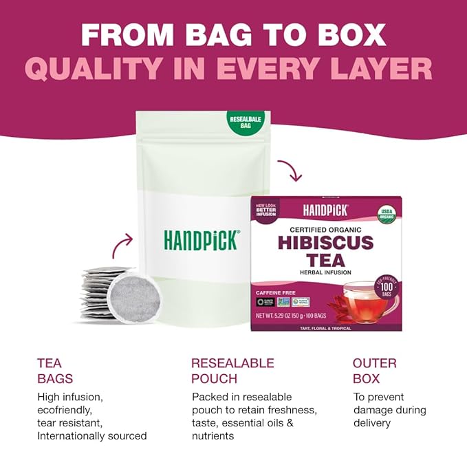 HANDPICK, Organic Hibiscus Tea Bags (100 Tea Bags) | Caffeine-Free, 100% Natural Pure Indian Hibiscus Flowers