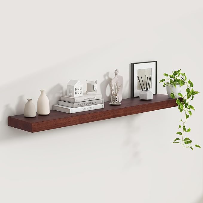 48" Solid Wood Floating Shelves, 9.3 Inch Deep Floating Shelves for Wall, Rustic Wooden Shelves for Wall Decor, Large Fireplace Mantel for Storage, Deep Floating shelf Set of 1, Red Brown