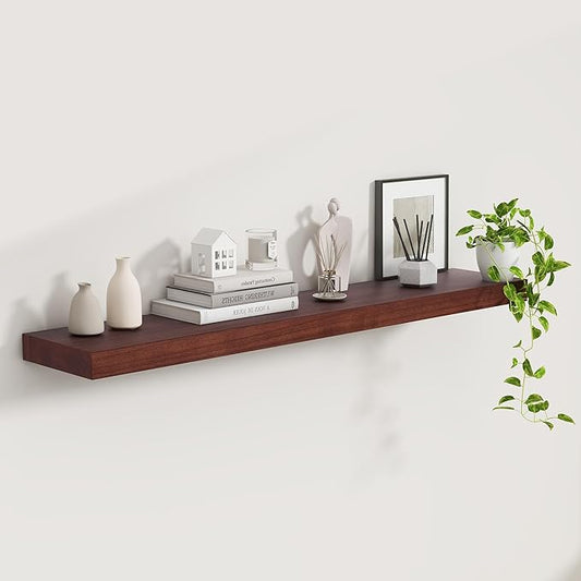 48" Solid Wood Floating Shelves, 9.3 Inch Deep Floating Shelves for Wall, Rustic Wooden Shelves for Wall Decor, Large Fireplace Mantel for Storage, Deep Floating shelf Set of 1, Red Brown