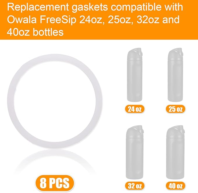 8pcs Water Bottle Sealing Ring Replacement for Owala FreeSip, Silicone Lid Seal O Ring Lid Gasket Replacement Mouth Cap Part Bottle Accessories for Owala Water Bottles 24/25/32/40 oz (White)