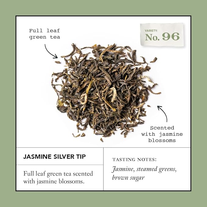 Steven Smith Teamaker Jasmine Silver Tip No. 96 Green Tea with Jasmine Blossoms, Caffeinated, Sugar-Free, Sustainably Grown, Full Leaf, Plant Based Green Tea Bags, 36 Sachets, 1.3oz each