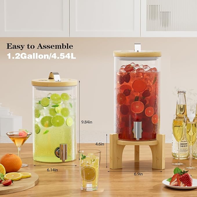VOVUVK 1.2 Gallon Glass Drink Dispenser For Parties, beverage dispenser with Bamboo wood stand And Stainless Steel Spigot, Juice or lemonade dispenser Laundry Detergent Dispenser (2 PACK)
