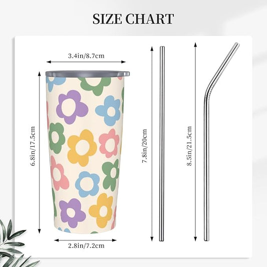 Vintage Groovy Flowers 20oz Stainless Steel Insulated Tumblers Travel Mug Cup Leakproof Gift For Men Women Hot & Cold Drinks Splash-Proof Lid Metal Straw and Brush