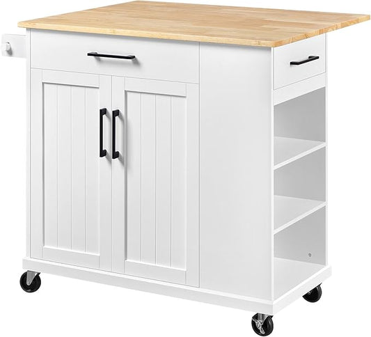 Yaheetech Rolling Kitchen Island Cart with Drop Leaf, Portable Rubberwood Breakfast Bar with Storage Cabinet, Open Shelves & Detachable Towel, 2 Drawers, White