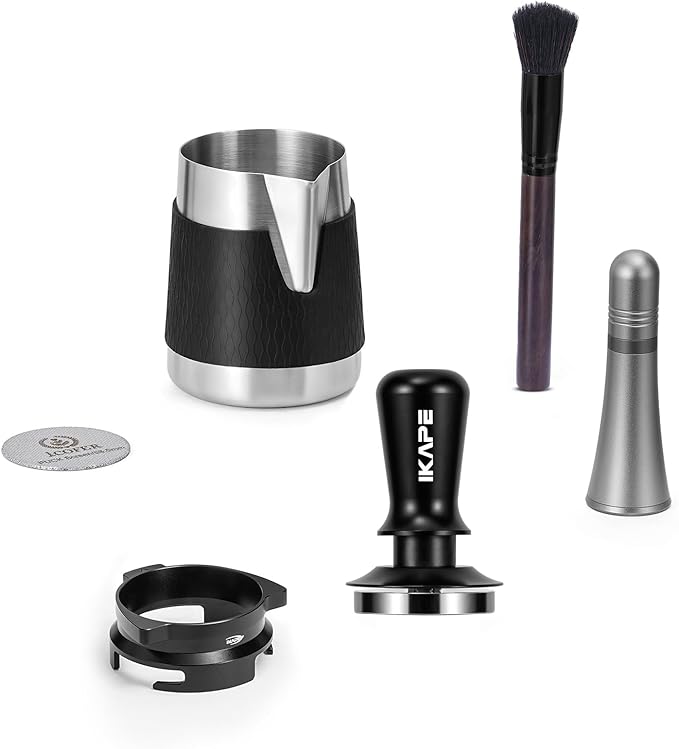 IKAPE 53MM Espresso Tamper Kit 6 in 1, Coffee Tamper, WDT Tool, Magnetic Dosing Funnel, Puck Screen, Milk Pitcher, Cleaning Brush