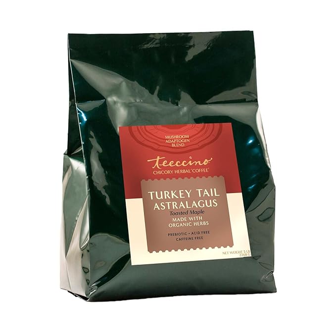 Teeccino Turkey Tail Astragalus Coffee Alternative, 5 Lb Bag - Toasted Maple - Adaptogenic Herbal Mushroom Coffee, Medium Roast, Caffeine Free, Prebiotic, Acid Free, All-Purpose Grind - 5 lb