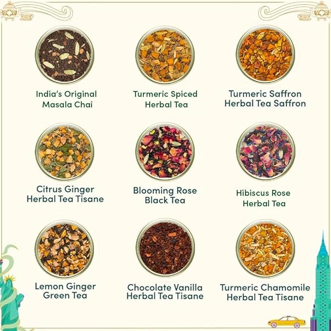 VAHDAM, Weekend In New York Tea Gift Set Travel Edition Gift Box | 9 Varieties - Green, Herbal & Black Tea | Gluten Free, Non GMO | Valentines Day Gifts for Him & Her