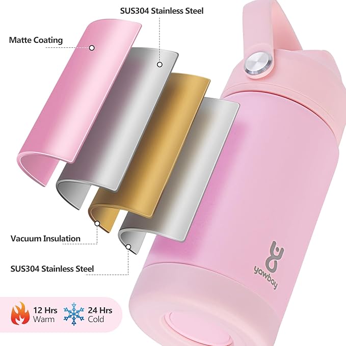 Kids Water Bottle for School 12 oz,Stainless Steel Insulated Water Bottles,Pink Water Bottles for Toddler Girls Boys with Straw Lids & Handle