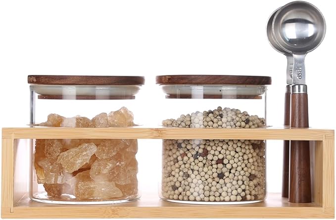 KKC HOME ACCENTS Airtight Borosilicate Glass Food Storage Jars with Wood Lids and Scoop for Coffee,Tea,Sugar,Salt,Wooden Top Glass Sealed Jars,18 Fluid Ounces