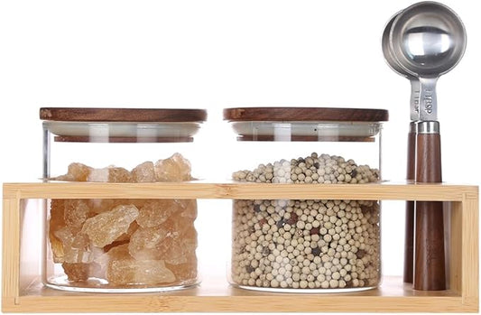KKC HOME ACCENTS Airtight Borosilicate Glass Food Storage Jars with Wood Lids and Scoop for Coffee,Tea,Sugar,Salt,Wooden Top Glass Sealed Jars,18 Fluid Ounces
