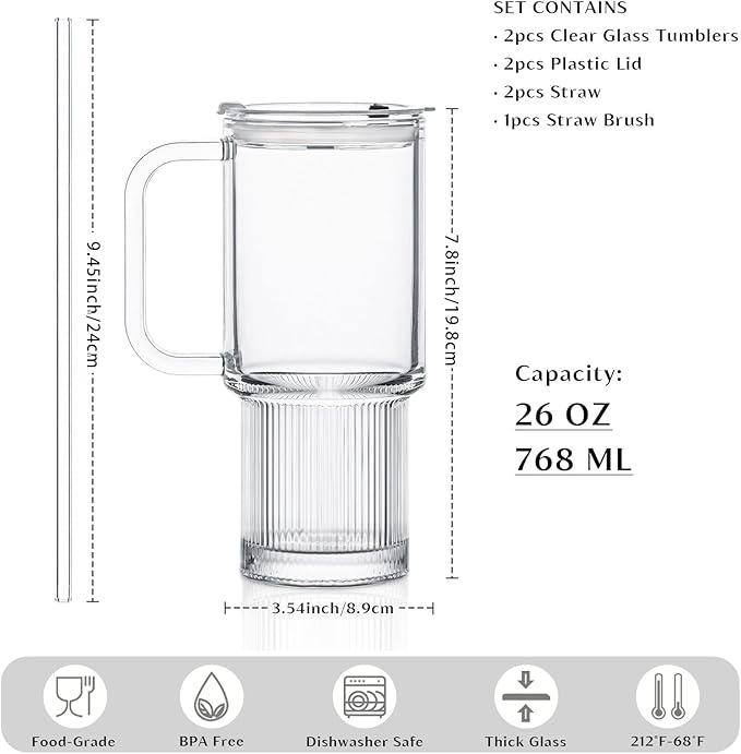 INSETLAN 26oz Glass Tumbler with Handle & Lid – 2-Pack Large Iced Coffee Cups with Straws, Modern Glass Mug for Cold & Hot Beverages, Aesthetic Glass Cups for Smoothies, Tea, and Juice