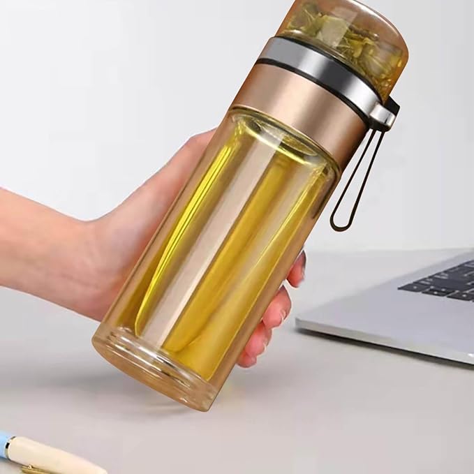 Tea Infuser Bottle, Glass Tea Infuser Bottle Double Wall Portable Tumbler Mug Travel Tumbler Mug Men Infusers Water Bottles (Gold)