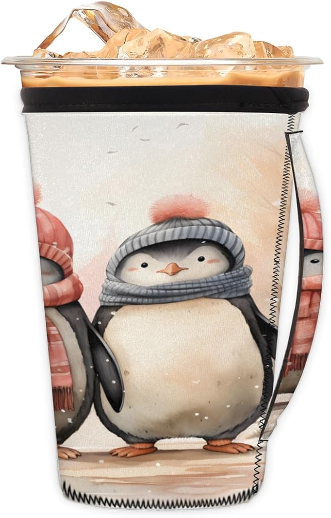 Penguin Reusable Insulator Coffee Sleeves for Drinks Beverages, Winter Penguins Neoprene Holder with Handle for Most Coffee or Ice Drink, 30-32oz