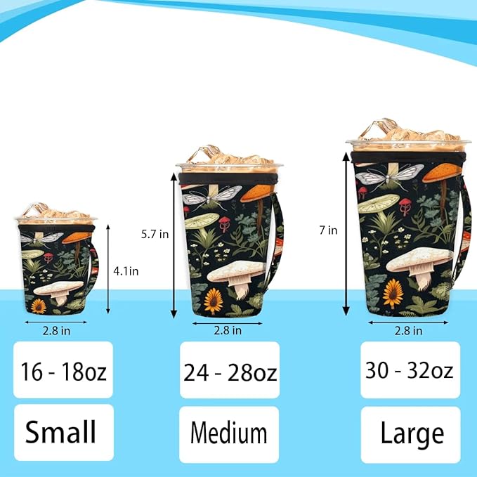Reusable Iced Coffee Sleeve with Handle, Tropical Mushrooms Neoprene Cup Sleeve Butterfly Leaves Insulator Cup Holder for Cold Drinks Beverages 24oz - 28oz
