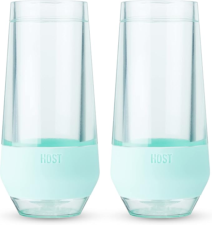HOST Champagne Freeze Double-Walled Stemless Wine Glasses Freezer Cooling Cups with Active Cooling Gel and Insulated Silicone Grip - 9 Oz Plastic Tumblers, Seafoam Tint, Set of 2
