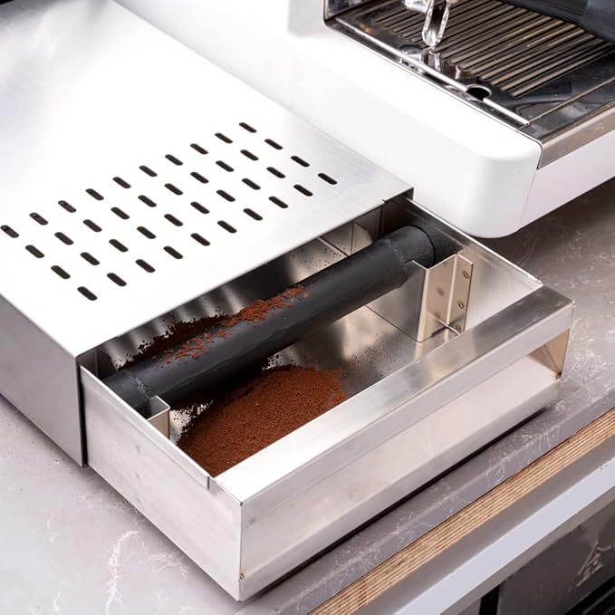 Restaurantware Restpresso 13.5 x 9.75 x 3.75 Inch Espresso Knock Box 1 Vented Coffee Knock Box - Detachable Drawer Silicone Knock Bar Silver Stainless Steel Coffee Grounds Knock Box Durable