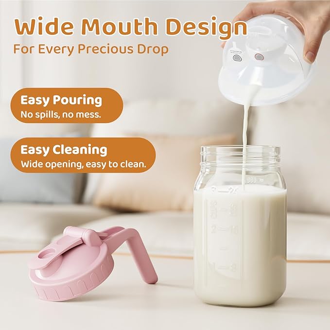Breast Milk Pitcher, Mason Jar 32 oz, Heavy Duty Wide Mouth Jar with Pink Flip Cap Lid and Pour Spout, Airtight Seal for Freshness and Convenience, Great for Cold Beverages and Home Entertaining