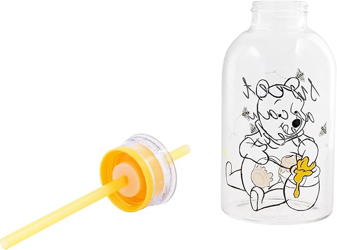 Silver Buffalo Disney Winnie the Pooh Hunny Sweet As Can Bee Glass Milk Bottle with Straw, 15 Ounces