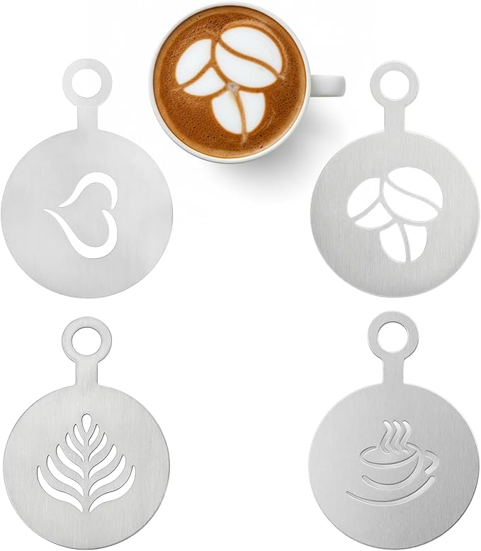 4 Pcs Stainless Steel Coffee Stencils with Various Patterns for Cappuccino Chocolate Lattes Cake Decorating, Coffee Shop and Home Use