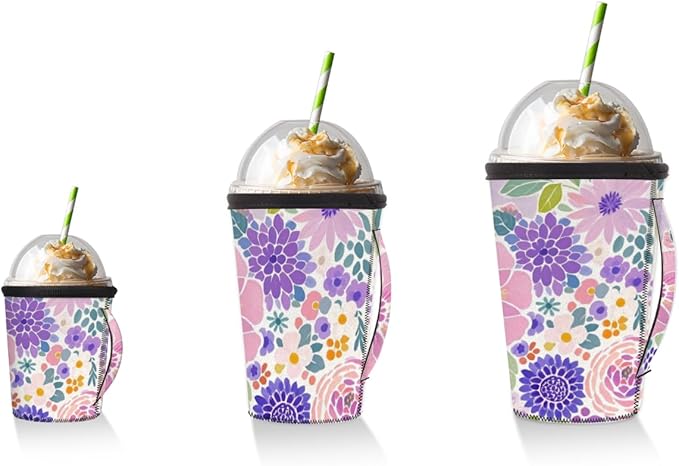 Purple Flowers Reusable Insulator Coffee Sleeves for Drinks Beverages, Neoprene Holder with Handle for Most Coffee or Ice Drink, 16-18oz