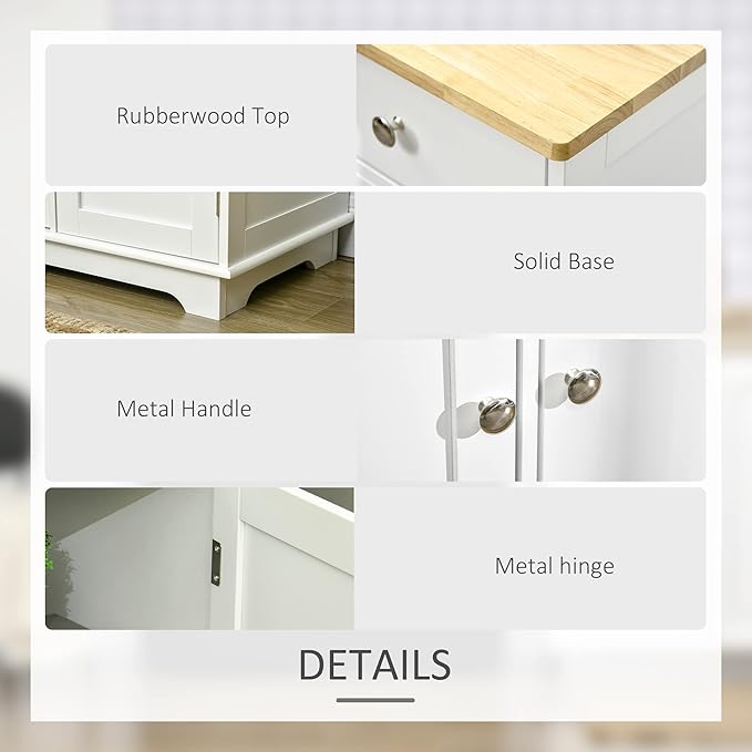 HOMCOM Sideboard Buffet Cabinet with Solid Wood Countertop, Modern Kitchen Storage Cabinet, Coffee Bar Cabinet with 3 Drawers, Doors and Adjustable Shelf, White