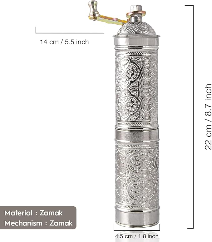 Handmade Turkish Pepper & Coffee Grinder, Refillable Turkish Spice Mill with Adjustable Coarseness, Manual Coffee Mill with Handle, Coffee Grinder Metal with Hand Crank 22 cm-8.66 inch (Silver)