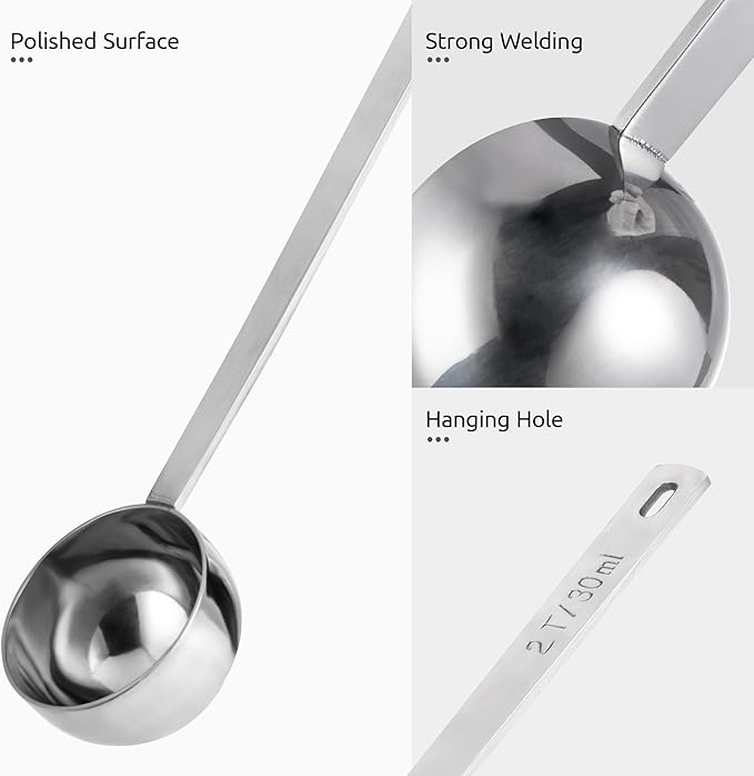 U-Taste Coffee Scoop 1&2 Tablespoon: 18/8 Stainless Steel Measuring Scooper for Ground Coffee, Bean, Powder, Espresso, 6.9in Long Handle Metal Meaure Spoon for Canister, Jar(1&2Tbsp/15&30ml, Silver)