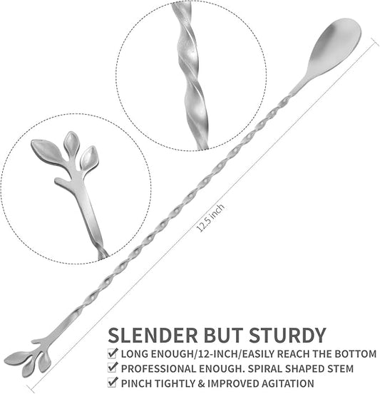 AnSaw Silver 12-Inch Stainless Steel Cocktail Spoon with Leaf Handle - Perfect for Mixing & Layering Drinks in Tall Cups, Bar & Shakers - Durable Long Handle Bar Stirrer,1-Pieces