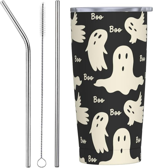 Ghost Pattern 20oz Stainless Steel Insulated Tumblers Travel Mug Cup Leakproof Gift For Men Women Hot & Cold Drinks Splash-Proof Lid Metal Straw and Brush