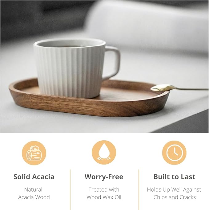 Mini Serving Trays for Parties, Small Decorative Tray for Tea＆Coffee, Oval Wooden Plates for Serving Food for Appetizer＆Vegetables for Bathroom 7.8"×4.6" (Acacia, Set of 2)