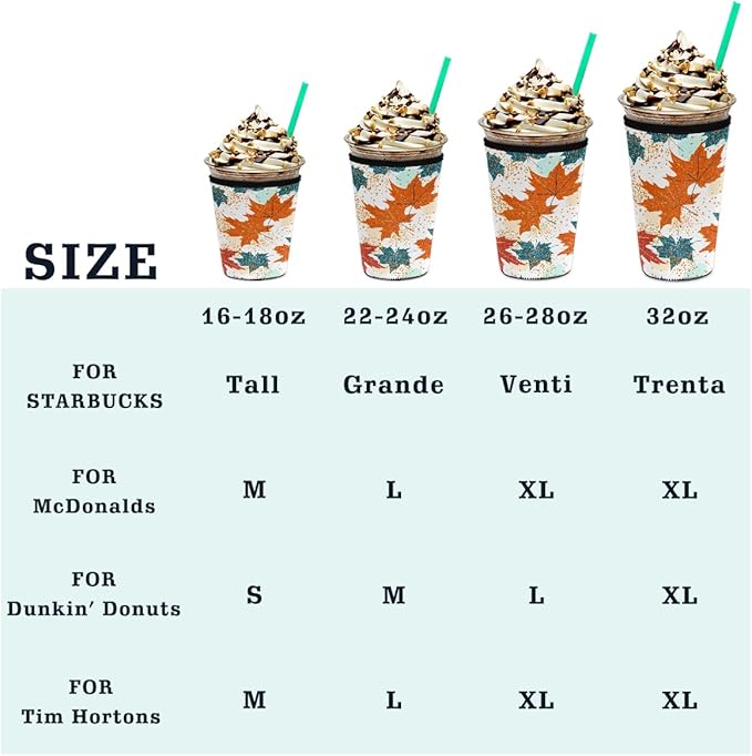 Colored Fall Maple Leaves Iced Coffee Sleeve for Cold Drink Cups, Reusable Neoprene Insulated Drink Sleeves Cup Cover for Beverages, Fits 22-24 oz