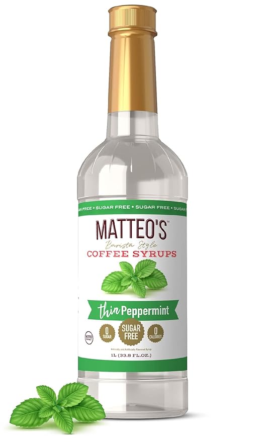 Matteo's Peppermint Syrup for Coffee, Lattes, Cappuccinos & Desserts – Sugar-Free Sweetener for Beverages, Keto Friendly, Zero Calories, Indulgent Flavor, Non-Alcoholic, Ideal for Coffee 33.8oz (1pk)