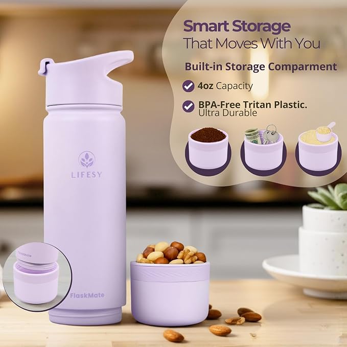 Tea Infuser Bottle & Cold Brew Travel Bottle – 18oz Insulated Flask with Storage, Filter & Dual Lids – For Work, Wellness & Gym – FLASKMATE All-in-One System (Mystic Lilac)