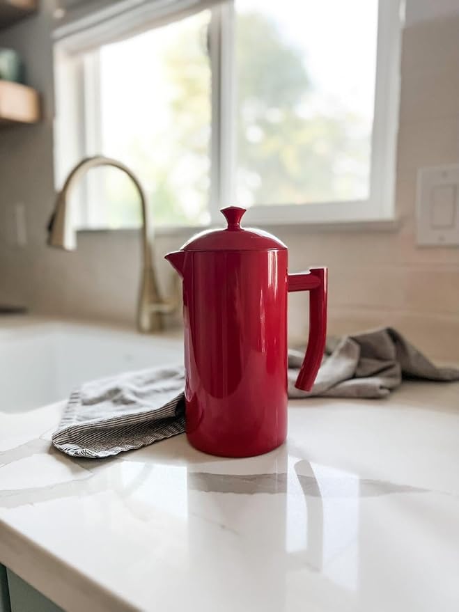 Frieling Insulated Double-Walled Stainless Steel French Press Coffee Maker - 34 fl oz, Red - Camping Coffee Press