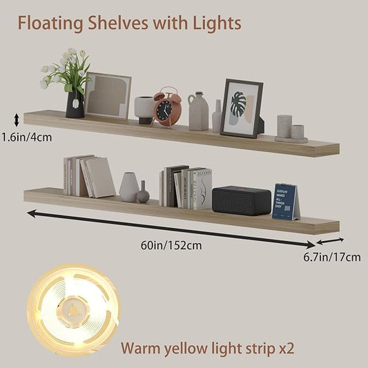 60 inch LED Gaming Floating Shelves for Wall,Solid Wood Long Wall Shelves Set of 2 with Light for Gaming Room,Natural Rustic Wall Mounted Shelves for Living Room Bedroom Kitchen Garage