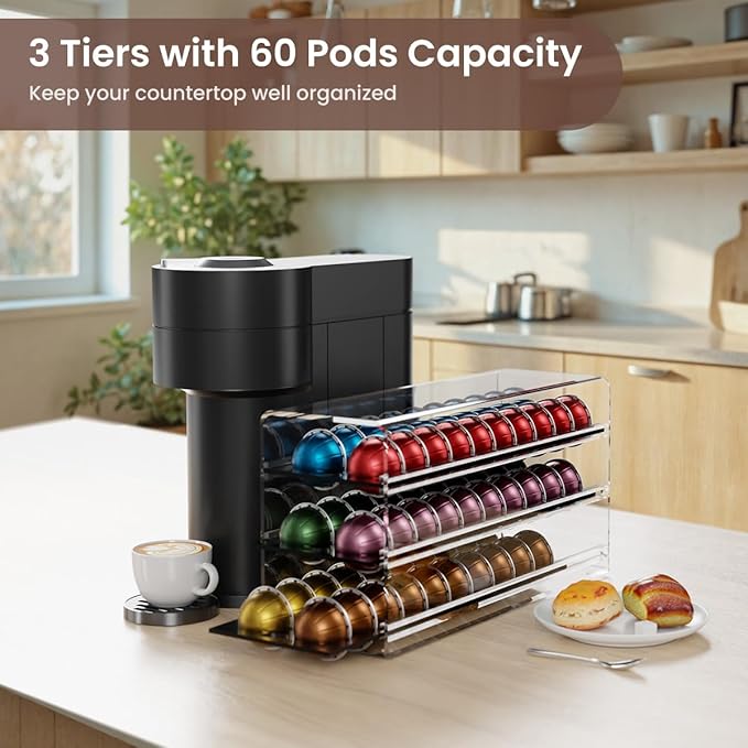 Acrylic Coffee Pod Drawer for Nespresso Vertuo Capsules, 3 Tier 60 Capacity Pods Organizer for Countertop Coffee Bar Home Office Kitchen