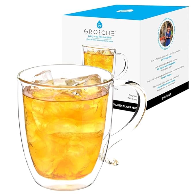 GROSCHE Cyprus 16 fl. oz Double-Wall Glass Mug | Espresso, Latte, Tea & More | Hot & Cold Beverages | Stylish & Aesthetic | Dishwasher Safe | Heatproof | Drinking Glassware